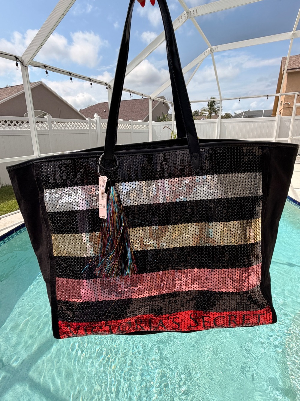 Victoria's Secret Large Black and Pink Sequin Tote Bag with tassel-NWT